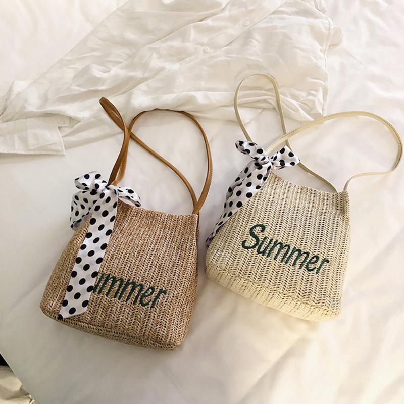 

Summer Women's Fashion Ribbon Bow Straw Woven Rattan Basket Shoulder Bags Beach Rattan Shoulder Bags Wicker Weave Handbag, White
