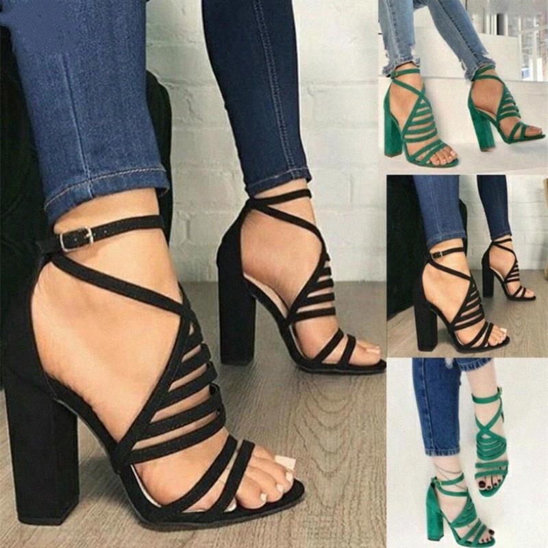 

2020 summer women sandals sexy high heels shoes woman fashion Flock Buckle Strap zapatos de mujer ladies sandals plus size 35-43 #Sn9F, Black