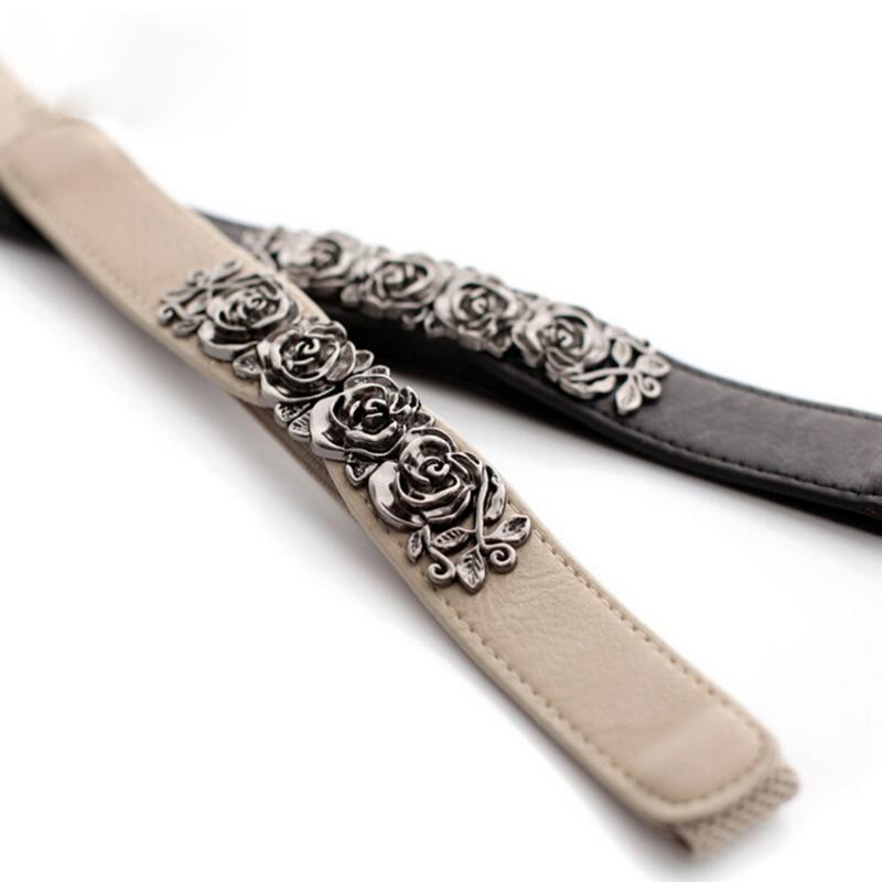 

Women Vintage Skinny Waist Belt Thin Elastic Waistband Strap Metal Flower Buckle High Waist Belts Cinch Accessory, Black
