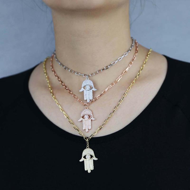 

Rose Gold Silver 3 Color Fashion Cz Jewelry Open Link Safety Pin Chains Cubic Zirconia Hamsa Hand Pendant Necklace