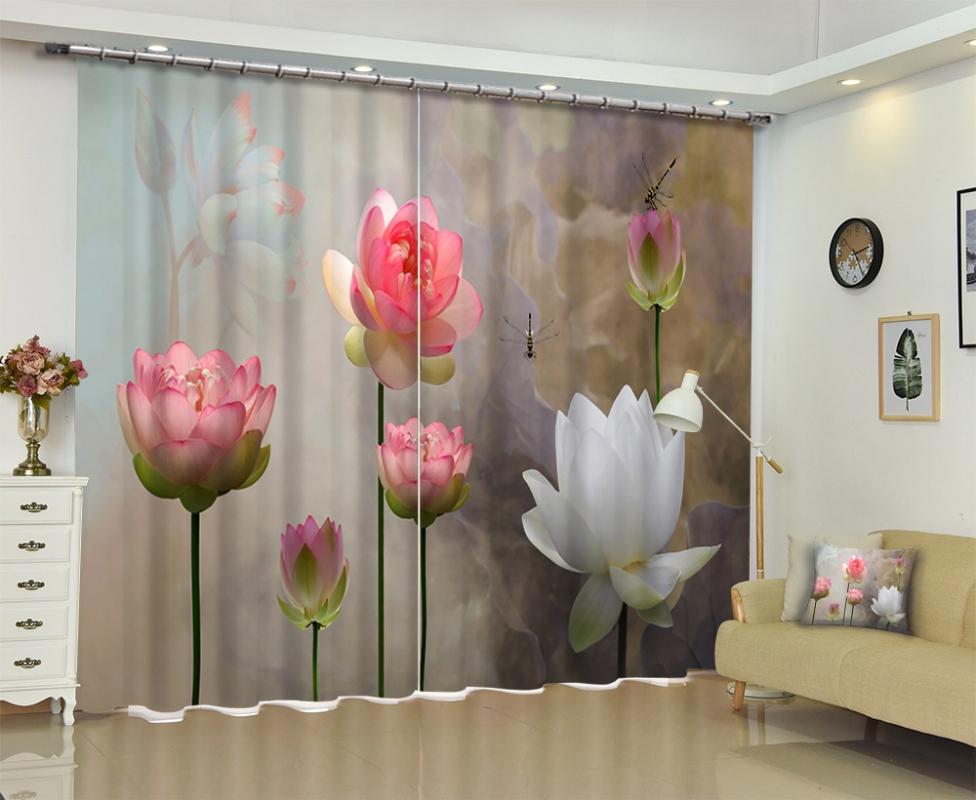 

3D Hand Drawn Lotus Photo 3D Curtains Sunshade Window Curtains Custom-made Size For Your Home, As picture