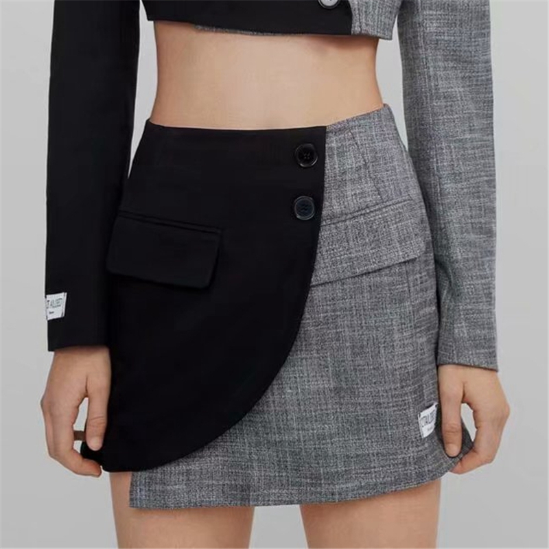

2021 New Elegant Women High Waist Mini Fashion Ladies Pocket Patchwork Skirt Streetwear Female Chic Button Asymmetric Skirts Xk3p, Black and grey