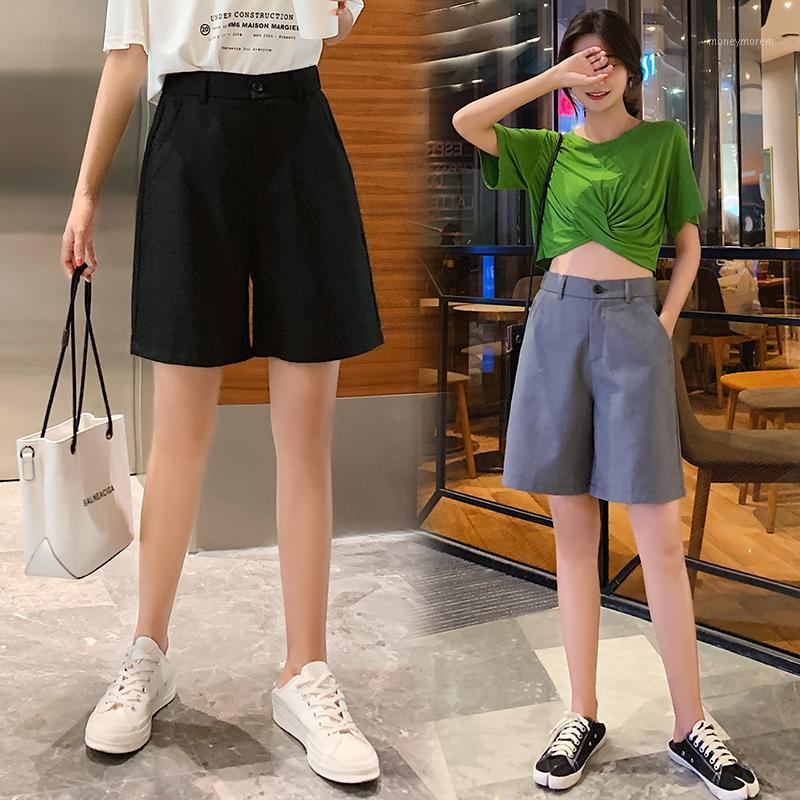 

2020 New Summer Solid Formal Half Pants High Waist Chic Wide Leg Pants Korean Style Elegant Loose Trousers Pocket B301, Black