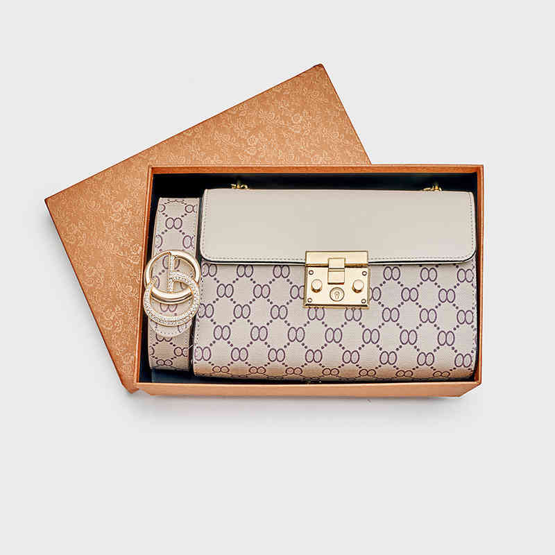 

75% Off exclusive Leather women's bag new printed chain lock small square simple messenger live broadcast, Beige bag and box