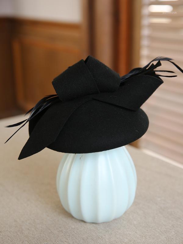 

New 100% Australian Wool Woman Hat Fascinators Pillbox Hat With Feather Hats Cocktail Banquet Fedoras Cap1, Black