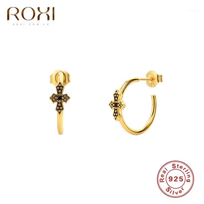 

Stud ROXI Vintage Black Cross Dripping Oil Earrings For Women C-shaped Unusual Piercing 925 Sterling Silver Pendientes1