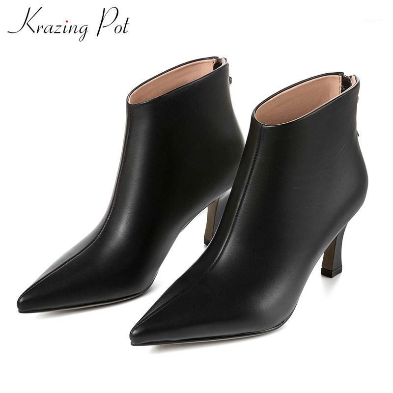

krazing pot sweet beauty lady genuine leather pointed toe stiletto high heels winter fashion solid brand classic ankle boots L151, Beige