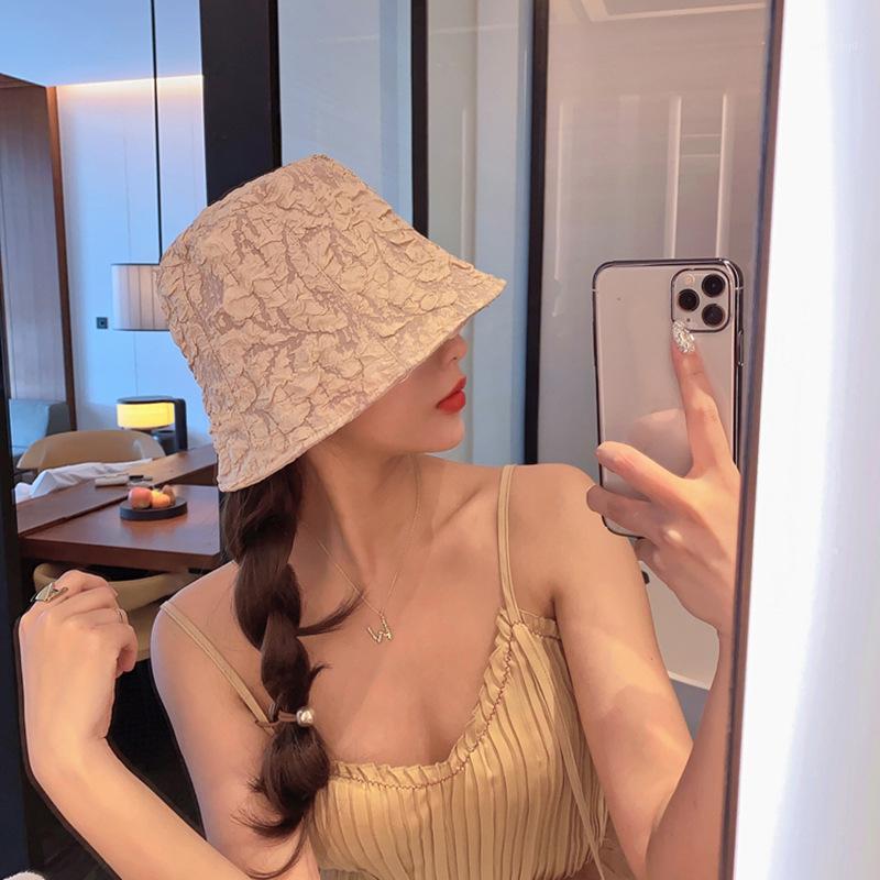 

Wide Brim Hats Korean Style Flower Embroidery Lace Sun Hat Spring Summer Flat Bucket Fashion Ladies Hollow Out Fedora Visor H651, White