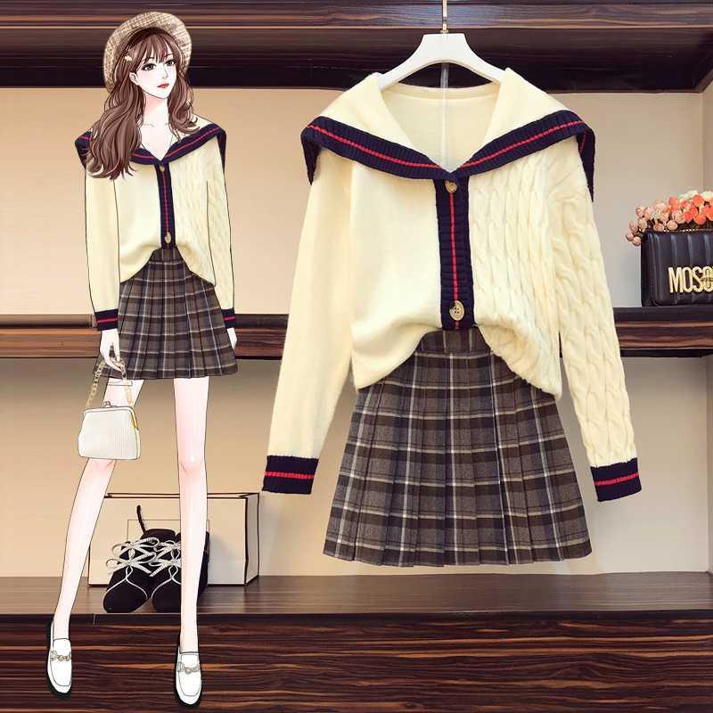 

Plus Size -4XL Women's Autumn New Fashion Doll Collar Sweater + Pleated Skirt Two-Piece Sets cute girl Suits, Ivory