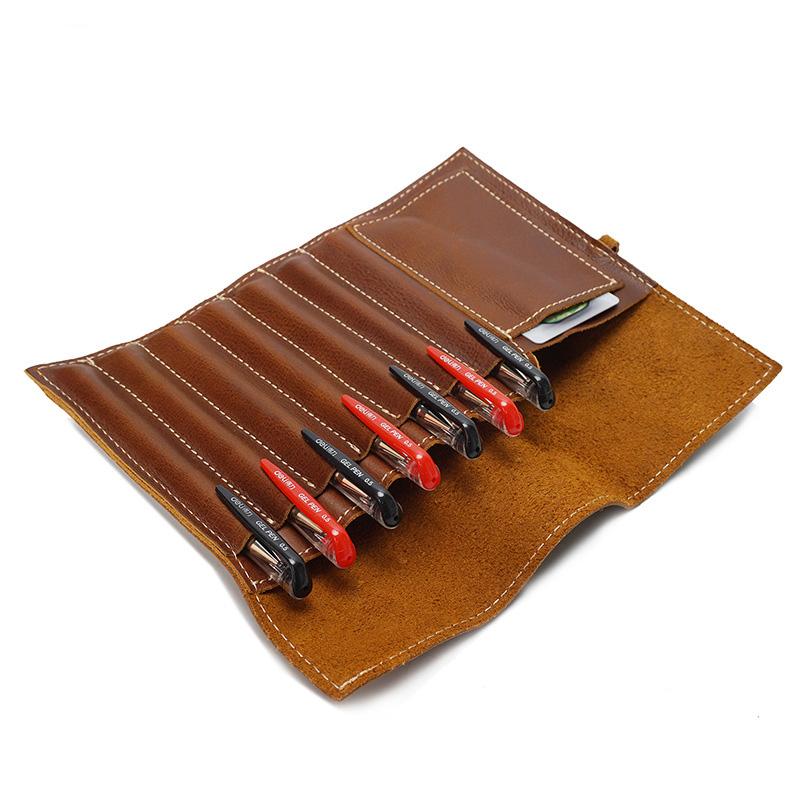 

Vintage Handmade Tool Bags Wallets For Women And Men Genuine Cowhide Leather Pen Stationery Purse Female Organizer High Capacity, Brown