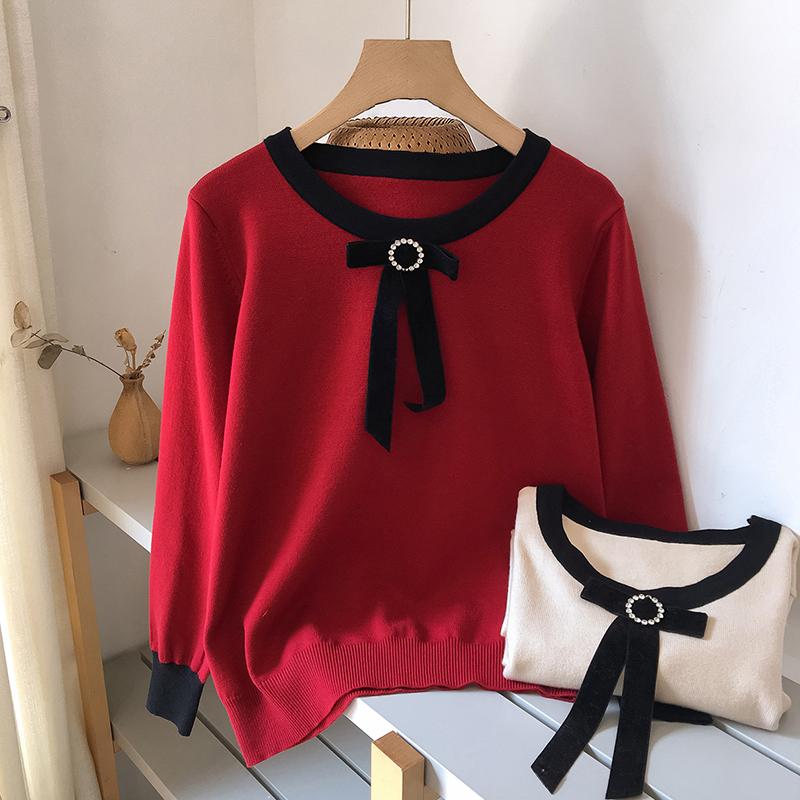 

Bowknot Lace Lapel Knitted Sweater Women Solid Long-sleeved Simple Commuter Elastic Bottoming Sweater Pullover Female Spring, Black