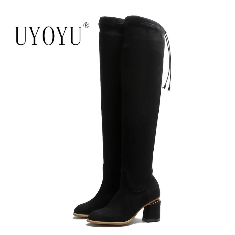 

UYOYU 2020 Winter Over The Knee Sexy Women Boots Flock Stretch Fabrics High Heels Slip on Shoes Pointed Toe Woman Long Boots, N95 black