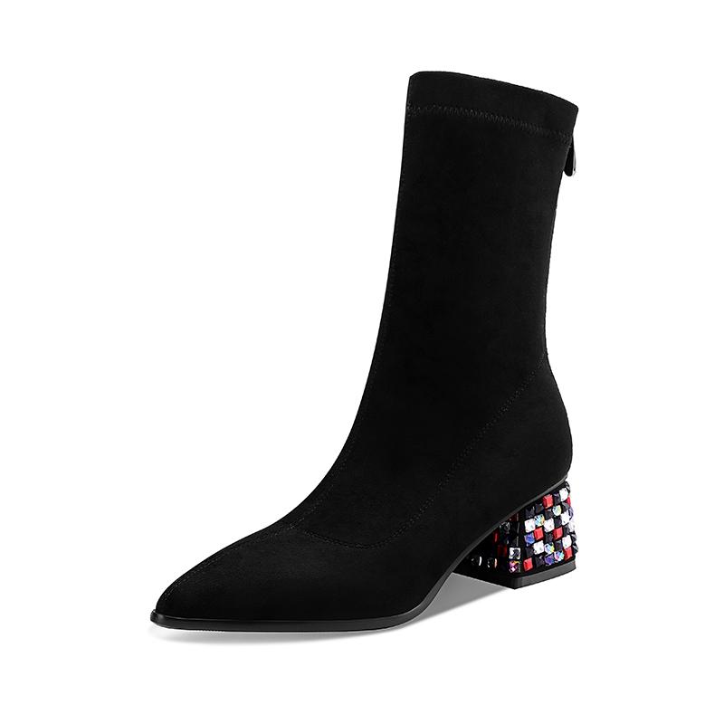 

2020 Women Ankle Boots Sock Boots All Match Platform Pointed Toe Square 5.5cm High Heel Slip on Women Big Size 34-43, Black