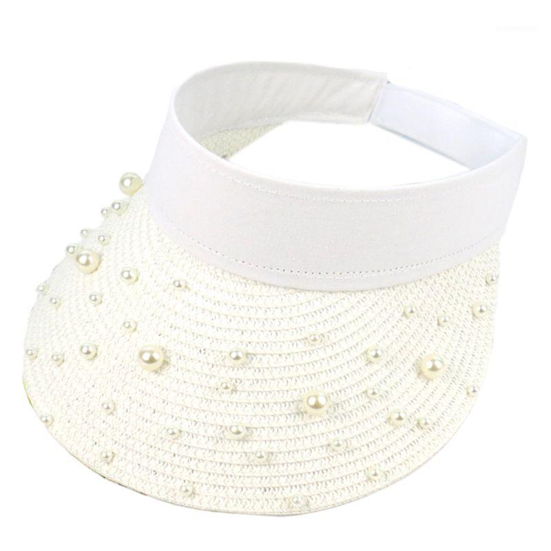 

Women Sunscreen Straw Cap Empty Top Pearl Beaded Wide Brim Beach Sun Visor Hat1, Bk