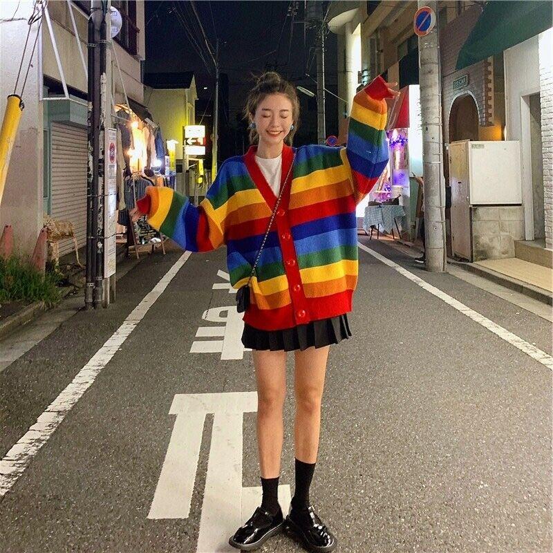 

Korean Ins Harajuku Women Loose Cardigan Casual Women Jacket Autumn Sweet Rainbow Stripes Long-sleeved Knit Sweater, As pic