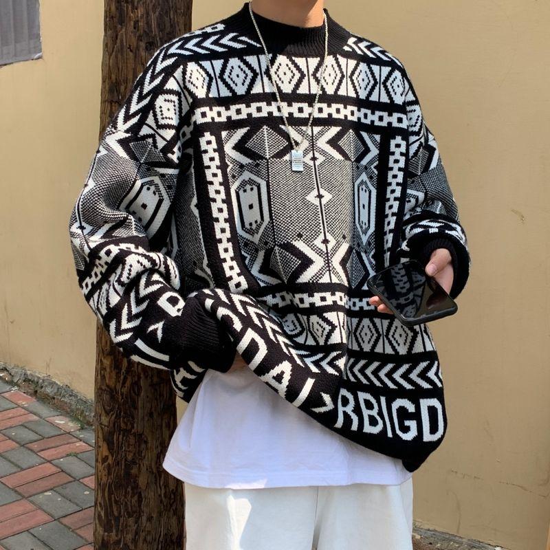 

Autumn Winter Sweater Men's Printed Geometric O-neck Ethnic Style Top Simple Loose Warm Long Sleeve Pullover Men, Black