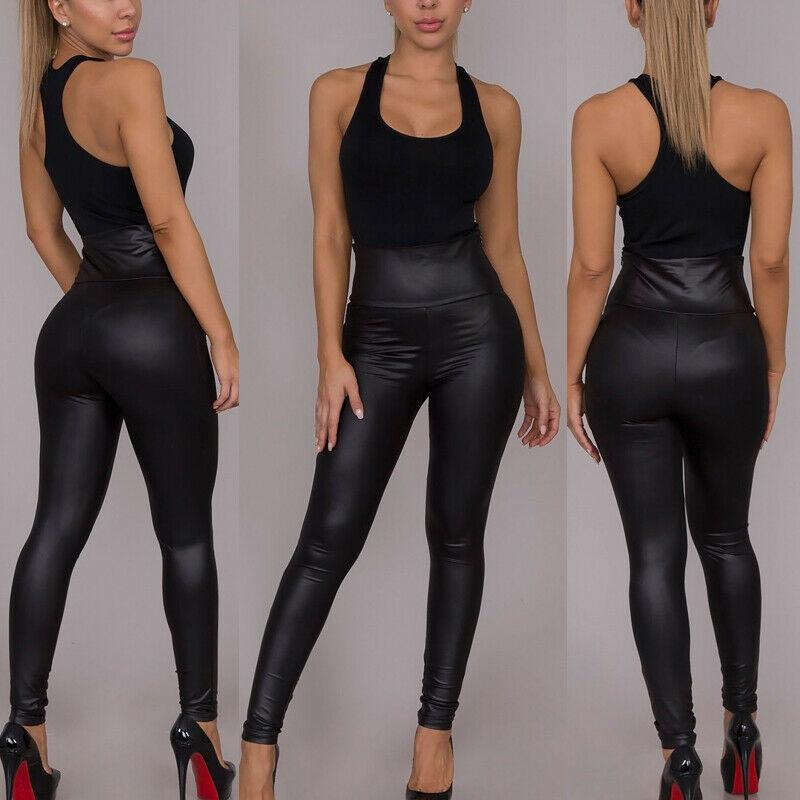 

Female Look Leather Pants Faux Leather PU Shinny High Waist Workout Stretch Push Up Pencil Skinny Tight Leggings Trousers, As pic