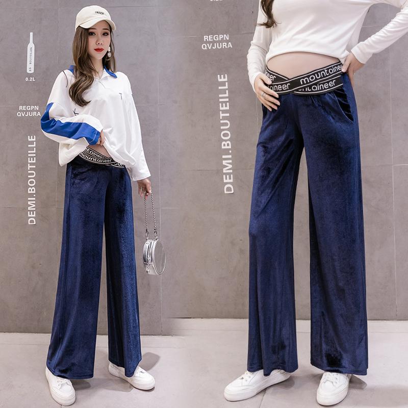

203# Autumn Spring Thin Velour Maternity Full Long Pants Across Belly Wide Leg Loose Pants Clothes for Pregnant Women Pregnancy, Black