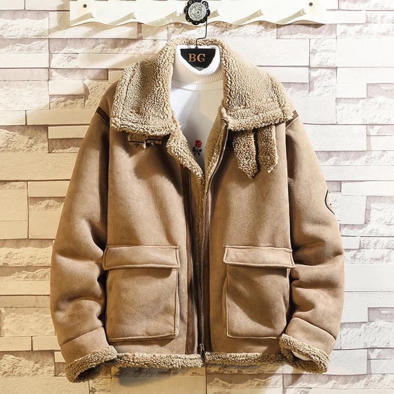 

Hot Selling Men Winter Fashionable Lambs Wool coat and Cotton Padded Jacket Fur Hooded Softshell Coat for Windproof Soft Shell1, Brown