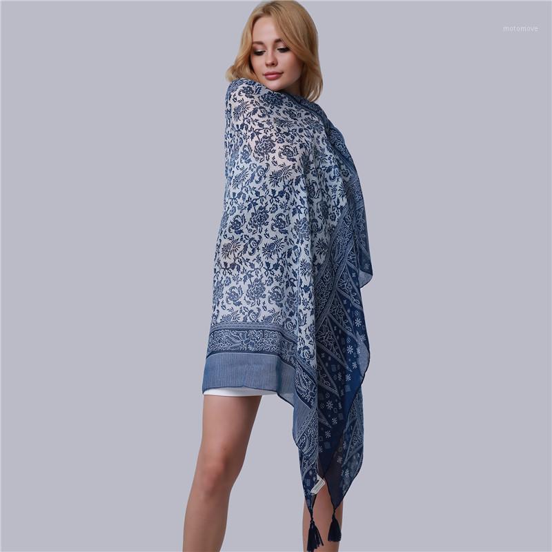 

Summer Spring Women Long Scarf Elegant Blue And White Porcelain Print Tassel Wraps Female National Style Beach Shawls Wholesale1