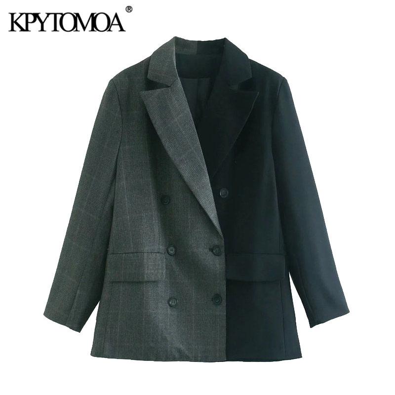 

KPYTOMOA Women 2020 Fashion Double Breasted Patchwork Loose Blazers Coat Vintage Long Sleeve Pockets Female Outerwear Chic Tops, As picture