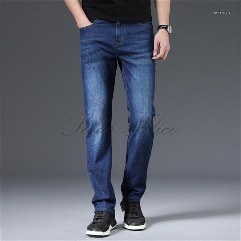 

Free shipping 2020 men's new summer straight jeans mid-rise stretch slim business casual pants1, Blue