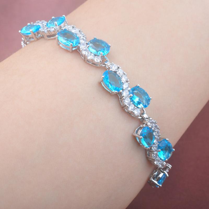 

New Sky Blue Zircinia White Zirconia Silver Color For Women Link Chain Bracelet Free Shipping OS0155
