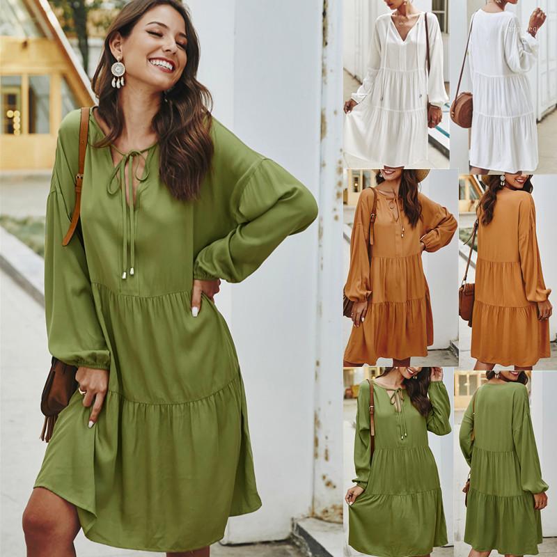

Casual Temperament Female V-neck Dress Holiday Dress Long-sleeved Tied Wide Loose Maternity1, As diagram