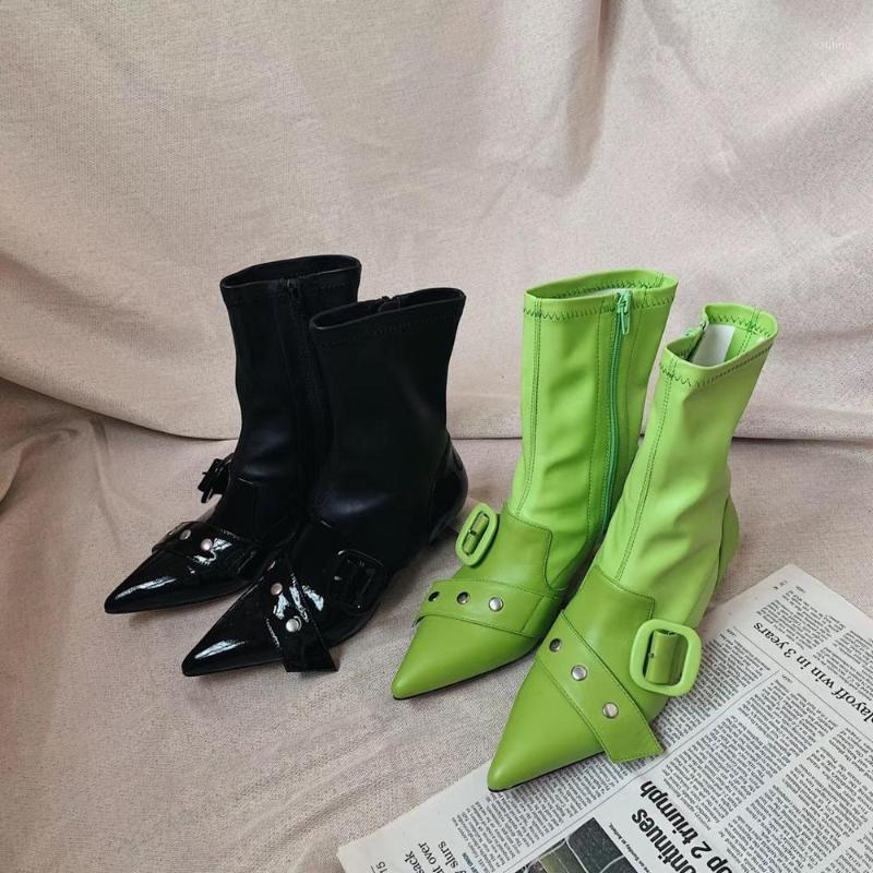 

2020 Hot Sale Shoes Women Genuine Cow Leather Calf Boots Autumn Winter Pointed Toe Boots Leather Buckle Zapatos De Mujer1, As pic