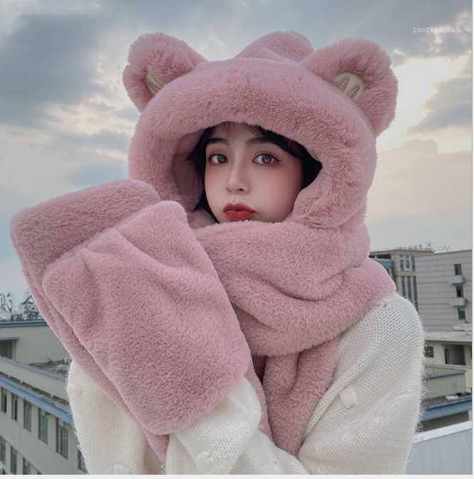 

Hats, Scarves & Gloves Sets Bear Hat Imitation Fur Winter Women's Fashion Foreign Trade Cross-border Warm Autumn Plush Scarf Glove Integrati, Blue;gray