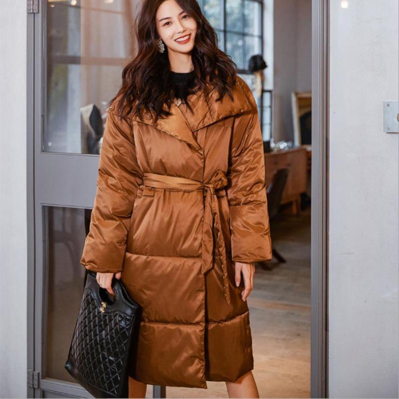 

Winter Women' Brown Warm Cotton Coat Oversized Long Sleeved Was Thin Thick Warm Jacket Female Hooded Outwear With Belt F2474