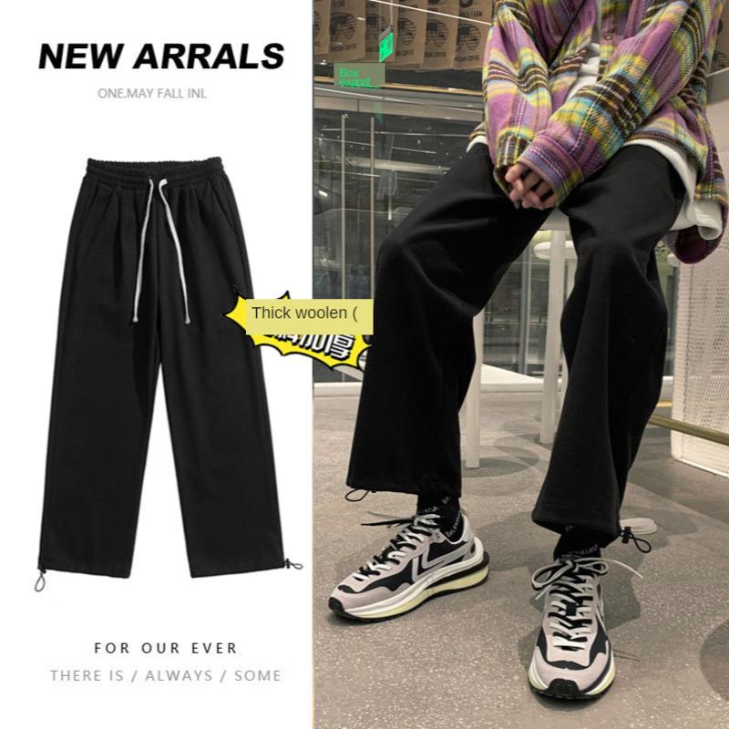

Winter Thick Woolen Pants Men's Warm Fashion Cotton Casual Pants Men Streetwear Loose Korean Style Straight Wide Leg Mens, Black