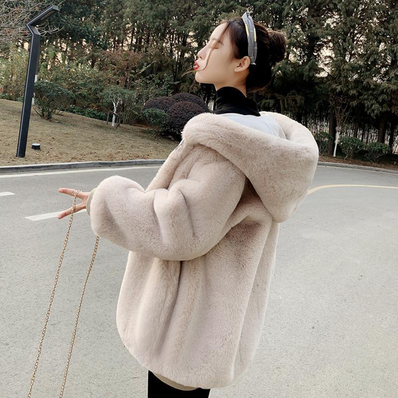 

Women 2021 Autumn Winter Faux Fur Coat Imitation Fur Jacket Female Hooded Warm Artificial Overcoat Casual Outerwear C214, Beige