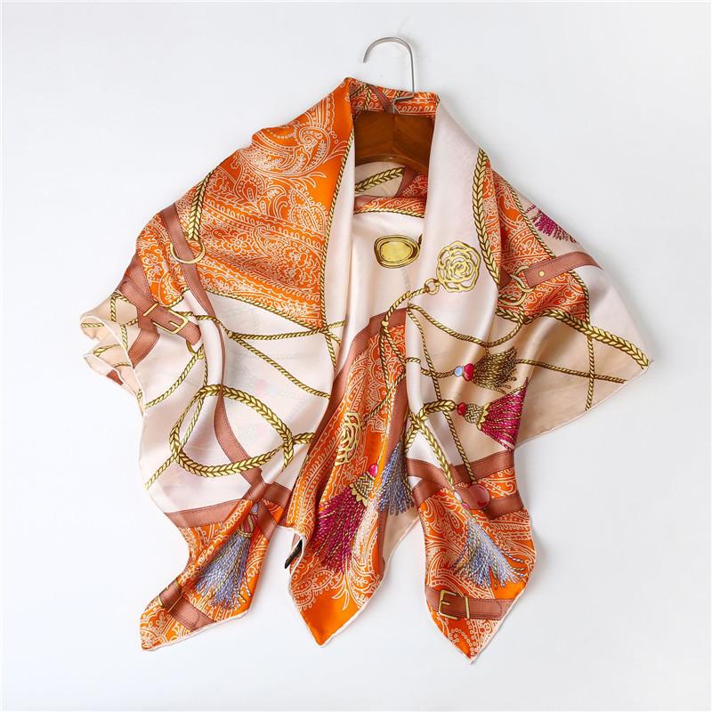 

90cm*90cm Square Scarf Neckerchief Women Kerchief Wraps Printed Geometric 100% Real Silk Neck Scarves Shawls Beach Sun Proof