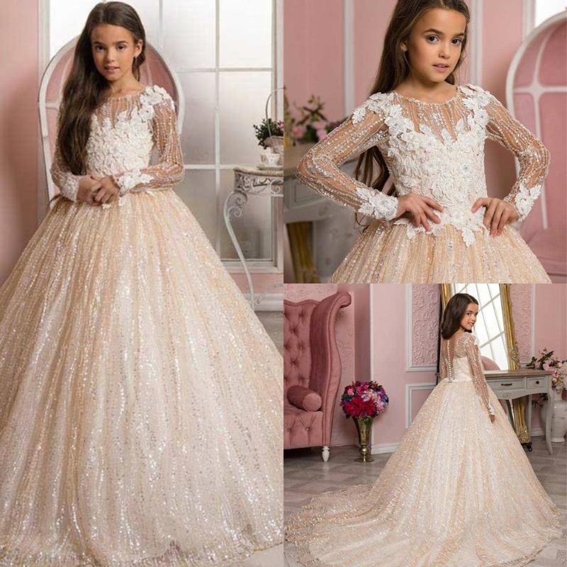 

New Champagne Children Pageant Evening Clothes Top Ballgown Flower Girls Clothes For Weddings First Communion For Girls