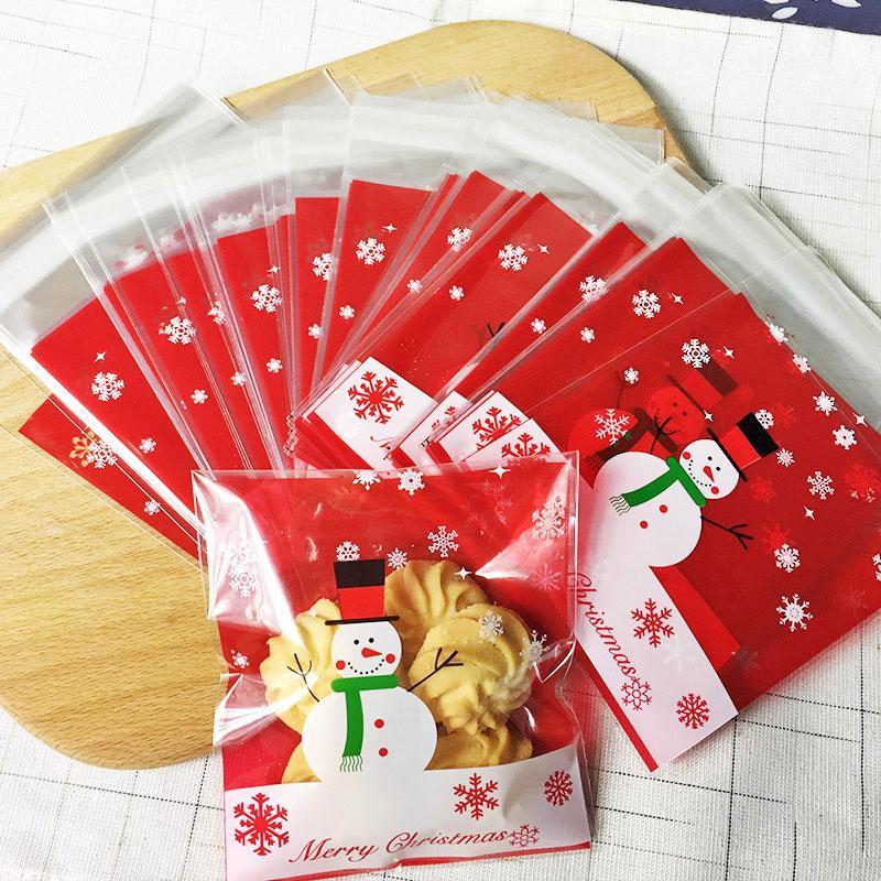 

100 pcs/lot Red Christmas snowman adhesive bag cookies diy Gift Bags for Christmas Party Candy &Handmade soap Packaging bags1