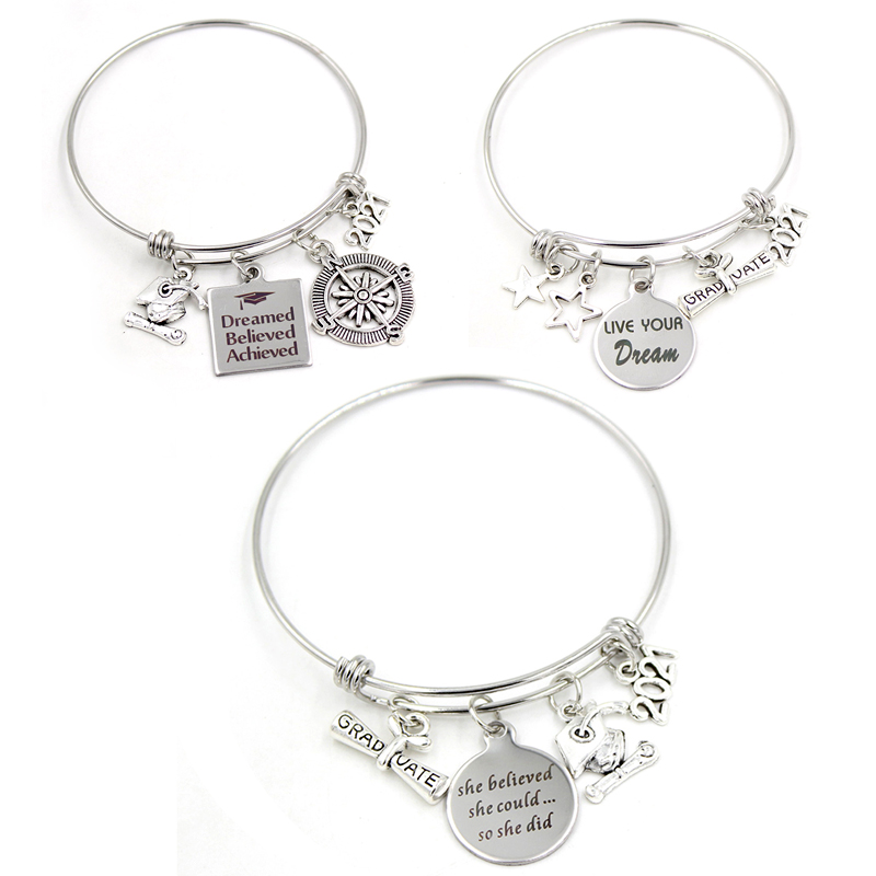 

Wholesale Graduation Gift Stainless Steel Wire Adjustable Expandble Bangle 2021 Graduation Charm Bracelets Graudaters Gift Jewelry