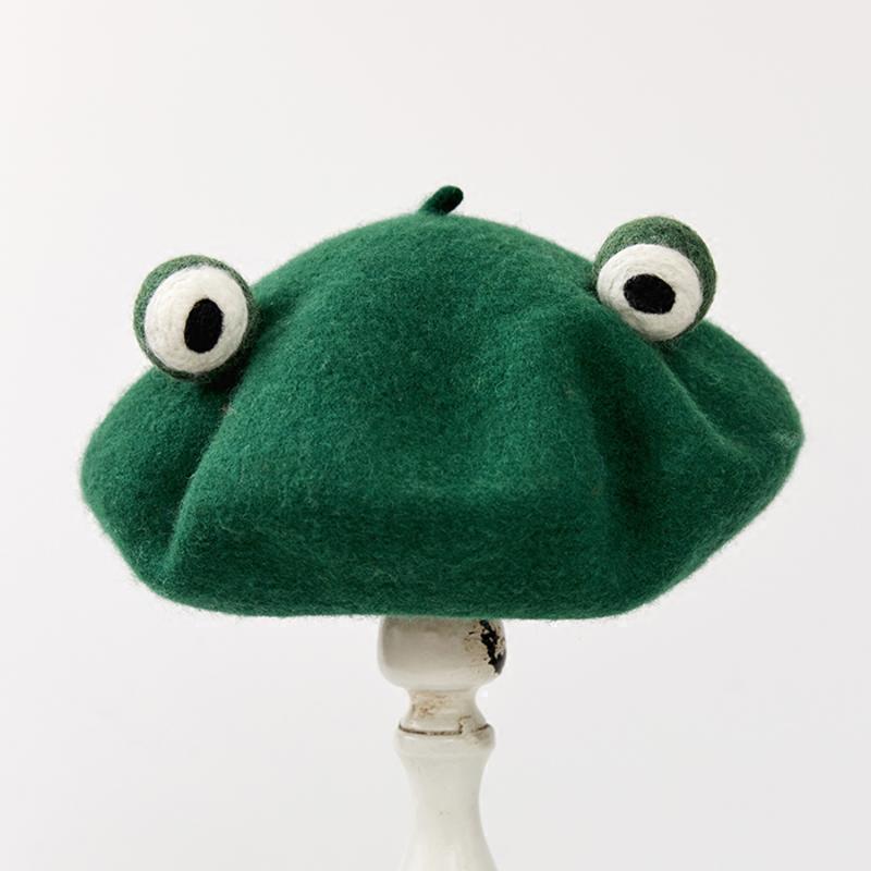 

Berets Cute Frog Design Women Green Handmade Wool Hat Manual Felt Beret Christmas Gift For Girl Winter Warm 2021