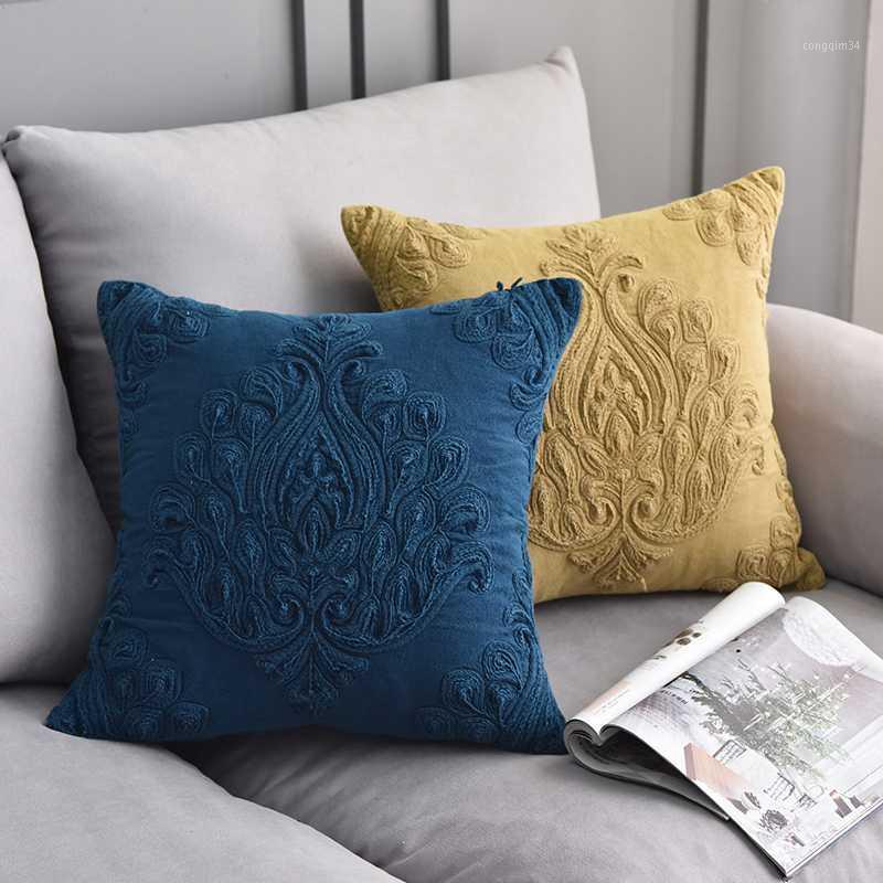 

Washed Cotton Cushion Cover Blue Yellow Home Decorative Throw Pillow Cover Floral Embroidery 45x45cm Decor Pillowcase Zip Open1, Yellow a
