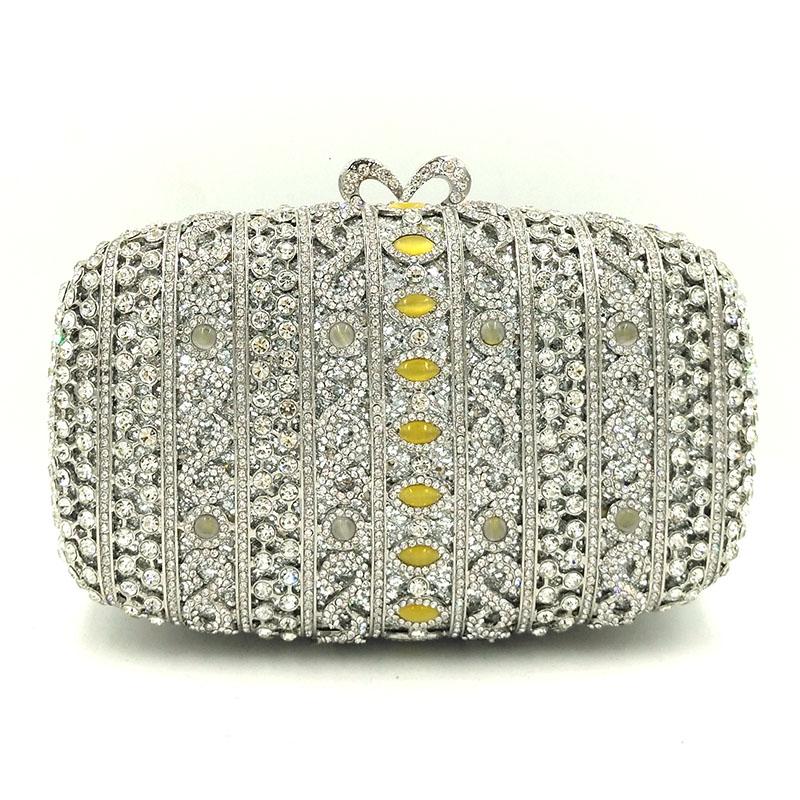

XIYUAN White Crystal Evening Bag Handbag Yellow Rhinestone Silver Metal Party Bag Wedding Bridal Lady Dinner Banquet Purses