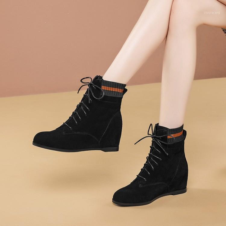 

MLJUESE 2021 women ankle boots cow suede increasing heel black color winter short plush wedges heels ankle boots size 34-411