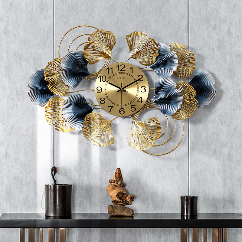 

New Chinese Wrought Iron Ginkgo Leaf Wall Clock Wall Sticker Decoration Home Livingroom Hanging Crafts Hotel Mural Art
