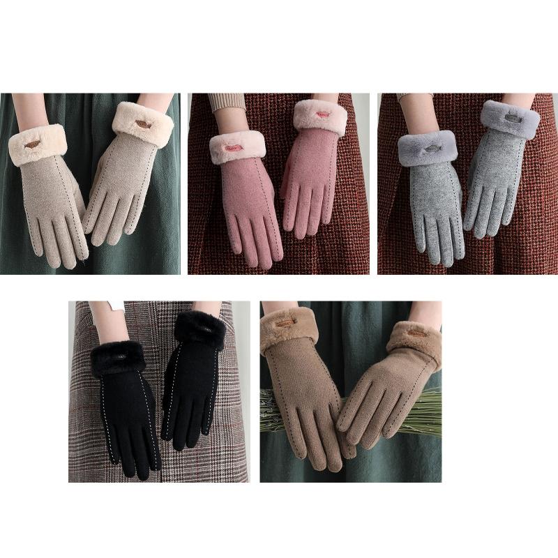 

Women Winter Driving Faux Wool Full Finger Gloves Thicken Plush Lined Letters Label Solid Color Windproof Touch Screen Mittens