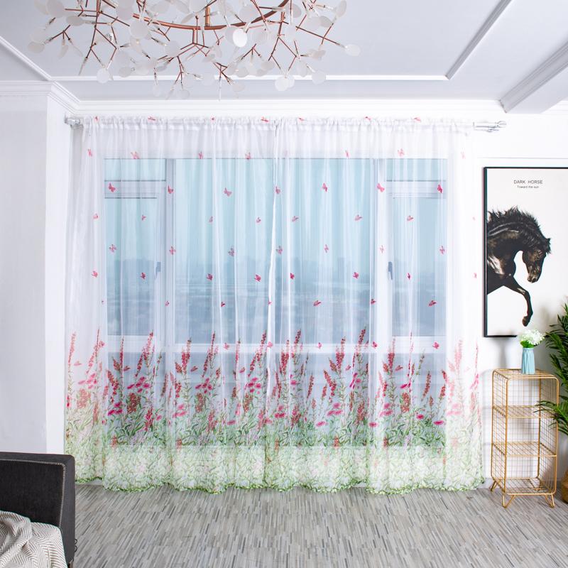 

Printed Tree Butterfly Anti-mosquito Window Gauze Tulle Window Curtains Voile Drape Valance Panel Fabric Curtain, Red