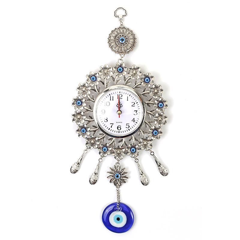 

35 cm Turkish Nazar Glass Evil Eye Wall Clock Hanging Charm &Home Decor Peacock Tail Decoration