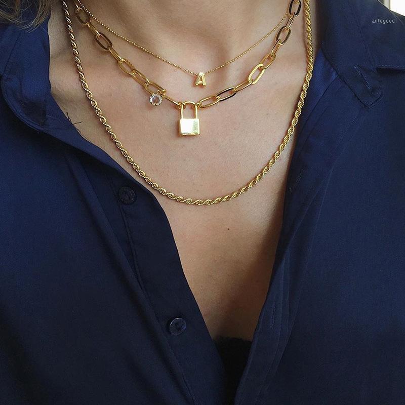 

Chokers Multilayer Punk Lock & Letter Charm Layered Chain Necklace For Women 2021 Trendy Party Statement Jewelry1