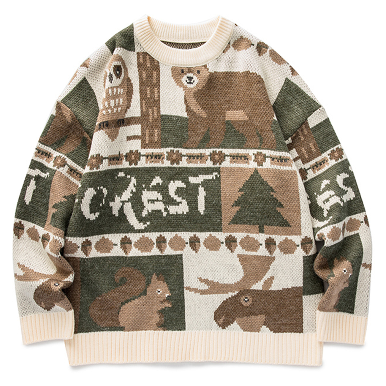 

2021 New Hip Hop Owl Bear Print Knitted Men Women Streetwear Cotton Pulover Vintage Harajuku Gothic Sweater Oversize Loose Unsiex Khmn, Beige
