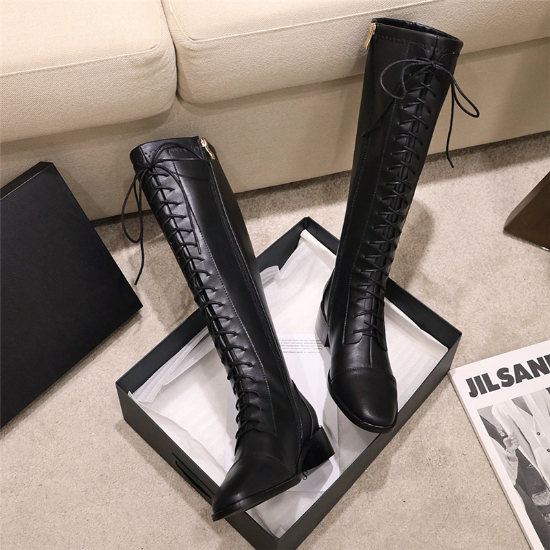 

2021 Size Female Winter Designer Lace to West Long Shoes Down Thigh Flat Boots High 4qow, Black