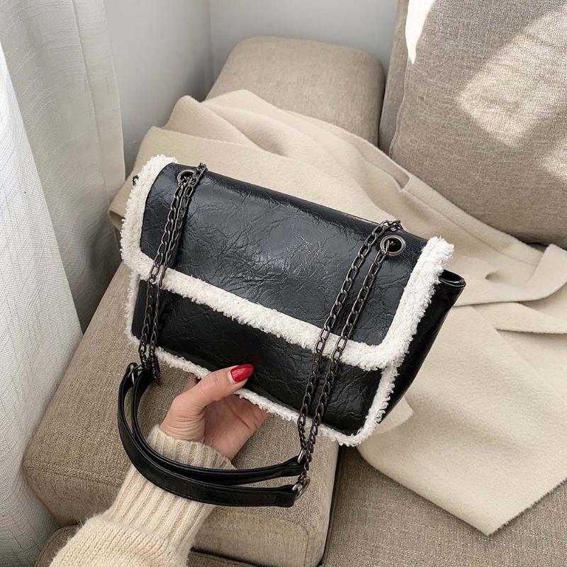 

2021 Contrast Color Women Splicing PU Leather Crossobdy Soft Lamb Fleece Shoulder Bag Female Thick Chain Bag Fluffy Tote Bags, Coffee