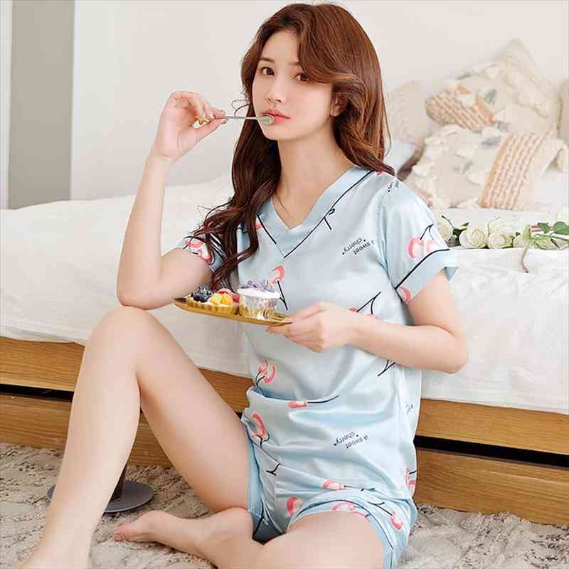 

Women Sleepwear Summer Pajamas V-neck Silk Print Sweet Women Sleepwear Set Girl Nightgown Short Pant Cute Silk Pajamas Sets, Black;red